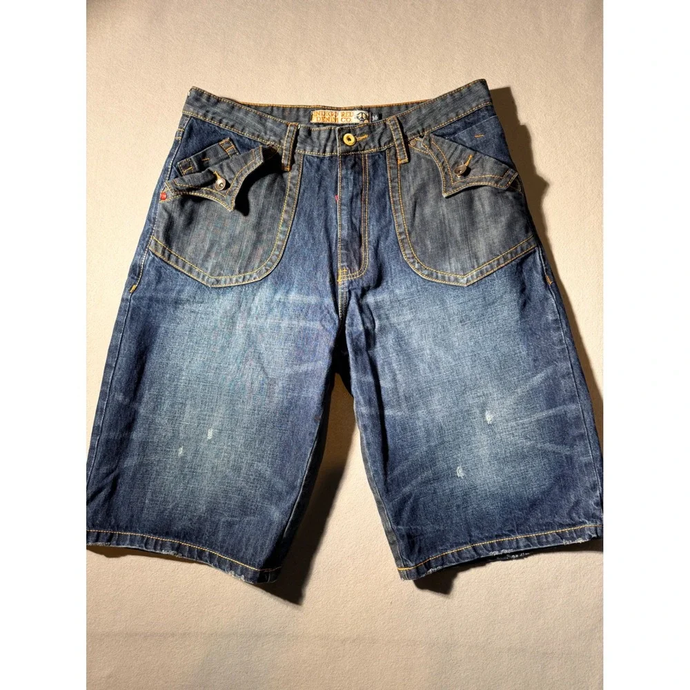 Y2K Indigo Red Denim Co Shorts Mens 36 Blue Baggy Embroidered Streetwear